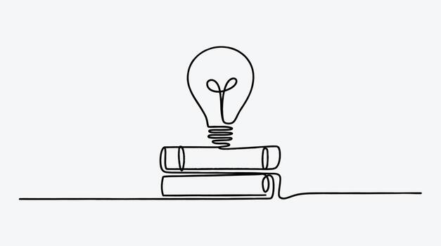 continuo línea dibujo de ligero bulbo en apilar de libros idea concepto vector
