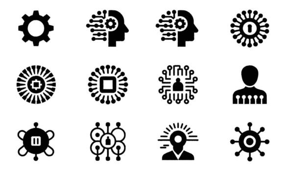 Black and white icons set representing artificial intelligence and technology vector