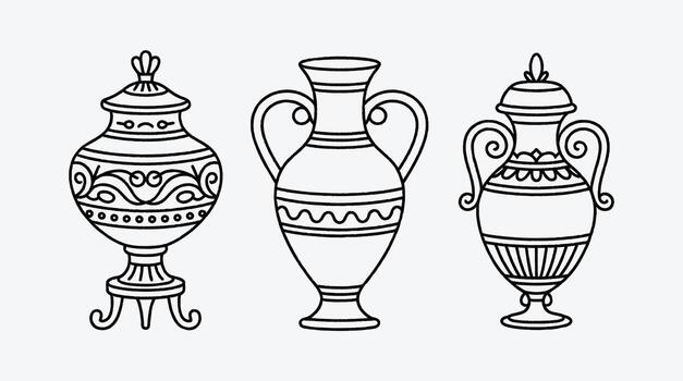 Elegant Ancient Pottery Vase Collection with Intricate Line Art Design vector
