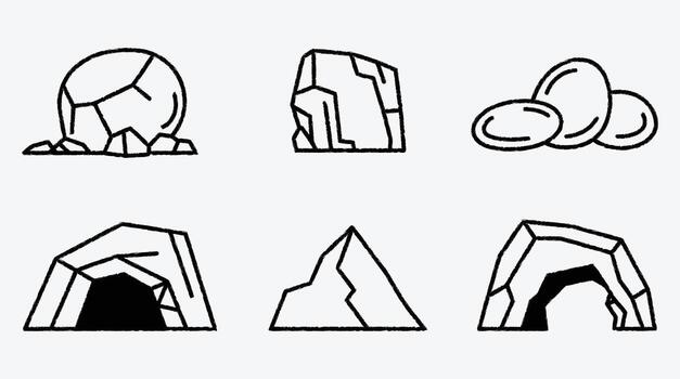 Rock and cave line art illustrations set in minimalist style vector