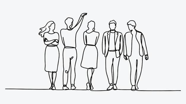 Minimalist Line Art of Diverse Team Standing Together in Business Setting vector