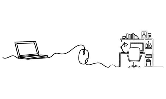 Connected workspace one line drawing representing remote work setup design vector
