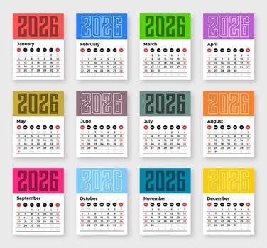 Modern minimalist 2026 yearly calendar template with clean layout. 12 months calendar template for 2026 vector
