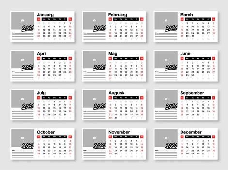 Modern minimalist 2026 yearly calendar template with clean layout. 12 months calendar template for 2026. vector