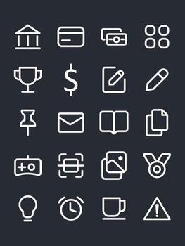 Small white line UI icons on dark background. App interface symbol. vector