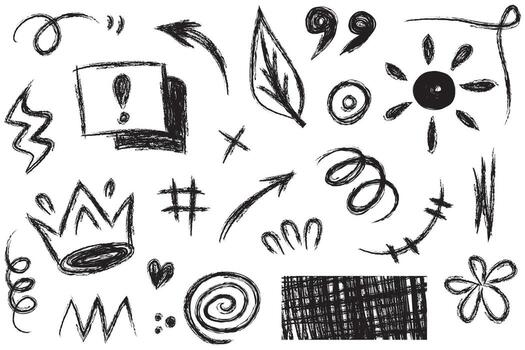 un colección de dibujado a mano dibujos animados expresión marcas garabatos, curvo direccional flechas, emoticon efecto diseño elementos, dibujos animados personaje emoción símbolos, linda decorativo tiza carrera líneas. vector