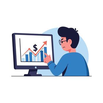 Focused man analyzing financial growth chart on computer screen vector