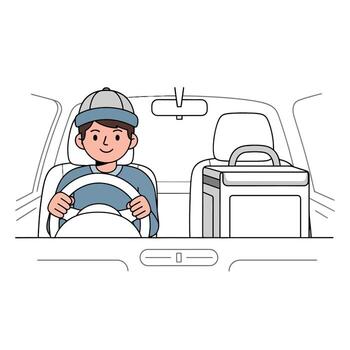 Smiling driver with delivery bag in car, ready for service vector