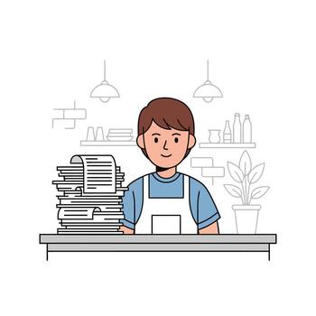 sonriente trabajador con grande apilar de documentos en brillante moderno oficina vector