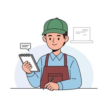 Happy worker in apron taking notes with pen on notepad, professional service vector