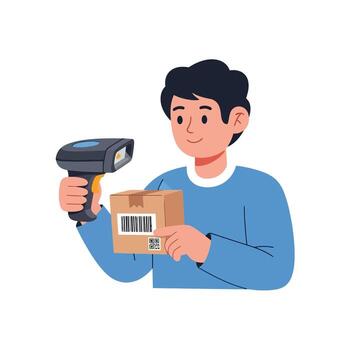 Warehouse worker scanning package with barcode reader for inventory management vector