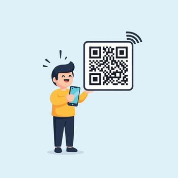Man scans QR code with smartphone, modern connection and technology concept vector