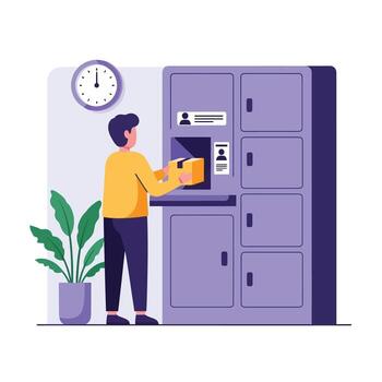 Man deposits package into smart locker, modern delivery solution vector