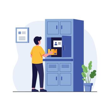 Man places package in smart locker for secure delivery and pickup vector