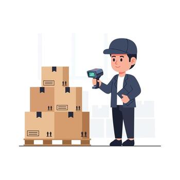 Warehouse worker scans boxes with barcode reader for inventory management vector