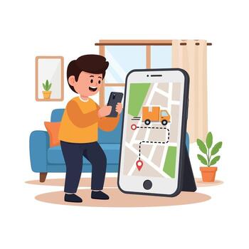 Easily track package delivery with real-time mobile app at home today vector
