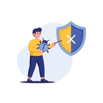 Man explains cybersecurity threat with bug and shield icon vector