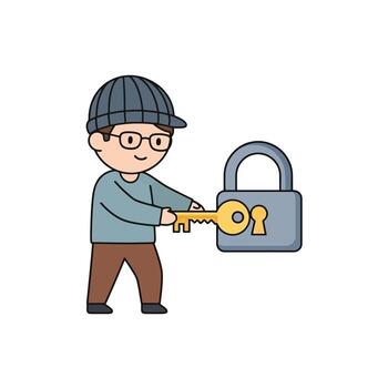 Cartoon man unlocking padlock with key for safety and security concept vector