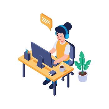 Remote worker coding at desk with headphones in modern isometric setup vector
