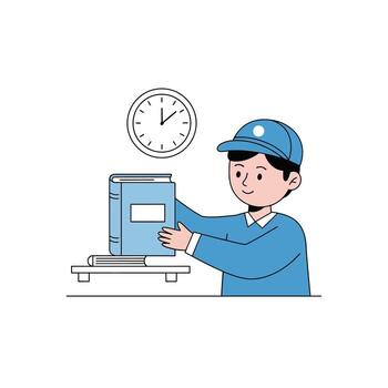 Cheerful student studying textbook for school assignment with clock nearby vector