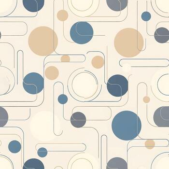 Retro geometric seamless pattern tiled background with circles and lines in beige, blue and brown tones, abstract art vector