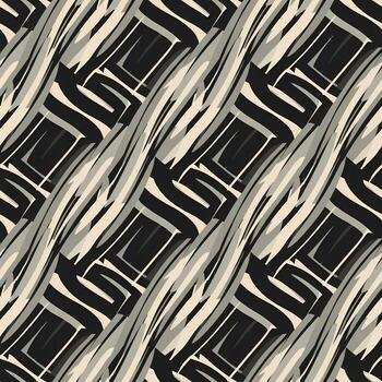 Abstract monochrome geometric design features a dynamic, wavy arrangement, creating a modern and elegant seamless tiled pattern for various backgrounds and surfaces vector