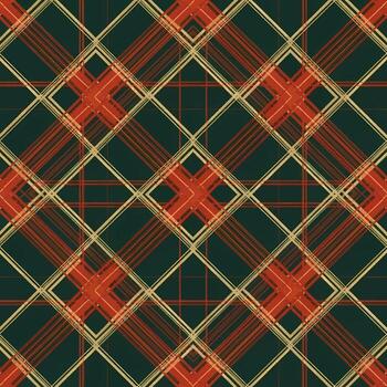 sin costura diagonal tartán modelo con rojo y oro rayas en un oscuro verde fondo, un clásico tartán para textil y envase papel vector