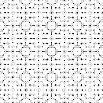 Abstract black and white seamless geometric pattern featuring intricate square and arrow motifs, ideal for textile design, backgrounds, and modern graphic projects vector