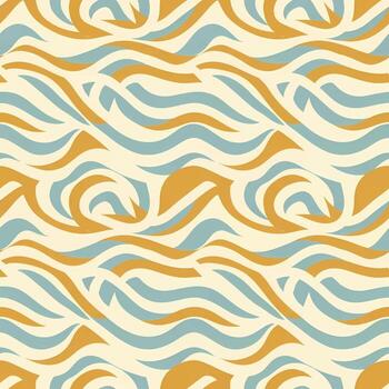 Retro abstract seamless pattern with flowing groovy waves. A stylized illustration of blue and mustard yellow organic lines on a cream background vector