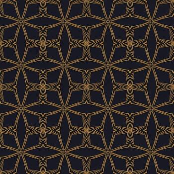 Elegant abstract geometric star pattern in gold on a dark background. Seamless design vector