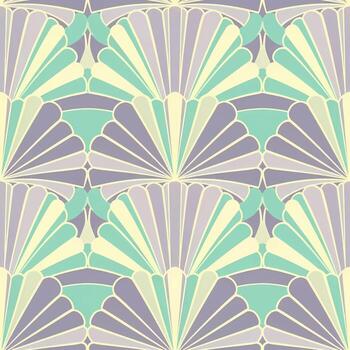 An elegant seamless pattern featuring stylized fan or shell shapes in a soft, soothing pastel palette of yellow, green, and lavender, perfect for diverse decorative applications vector