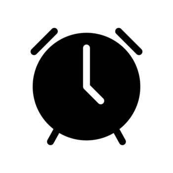 A solid-style icon of a clock with an alarm bell, symbolizing reminders or wake-up. vector