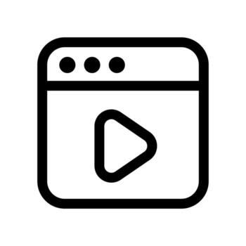 A line-style icon of a frame with a play button, symbolizing a media player interface. vector