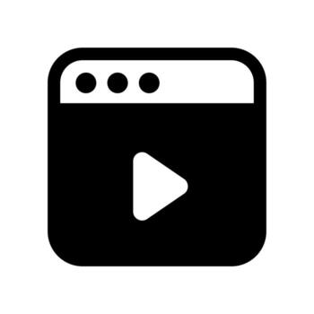 A solid-style icon of a frame with a play button, symbolizing a media player interface. vector