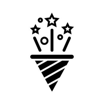 A cone-shaped line style icon with a confetti explosion, symbolizing a sudden explosion of celebration at a party event. vector