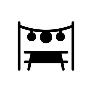 A line style icon of decorations strung over a table, symbolizing a party location setup. vector