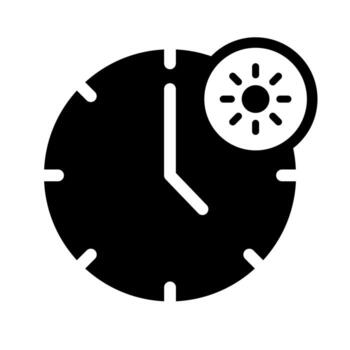 A simple filled icon of a clock with a sun, indicating Ramadan day clock fasting time. vector