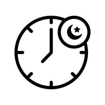 An outline icon of a clock with a crescent moon, indicating Ramadan night clock. vector