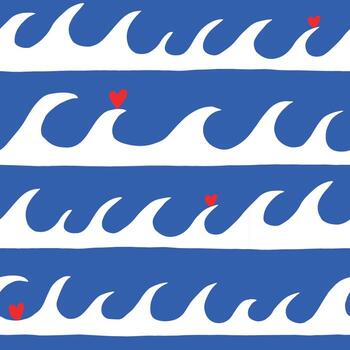 Abstract Ocean Wave Seamless Pattern with Hearts in Minimal Style in Blue, Red and White vector