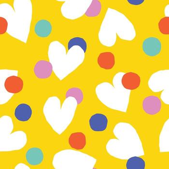 Super Cute Seamless Pattern with Hearts and Dots on a Yellow Background vector