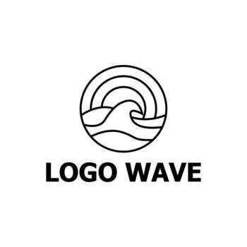 waves and sun shining logo in oval frame in minimalistic mono line design style vector