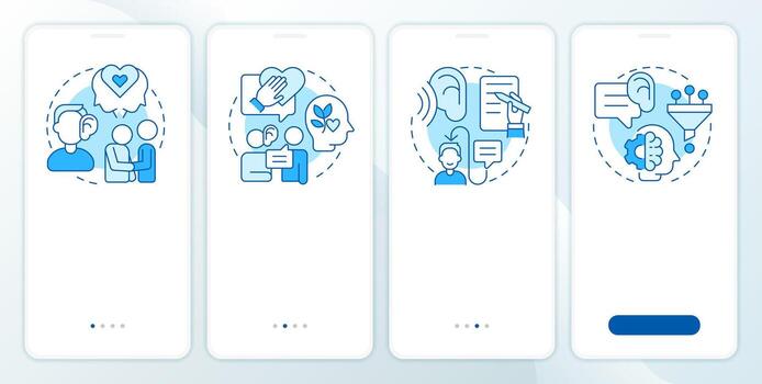 escuchando habilidades azul inducción móvil aplicación pantalla. mental salud. recorrido 4 4 pasos editable gráfico instrucciones con lineal conceptos. ui, ux, gui vector
