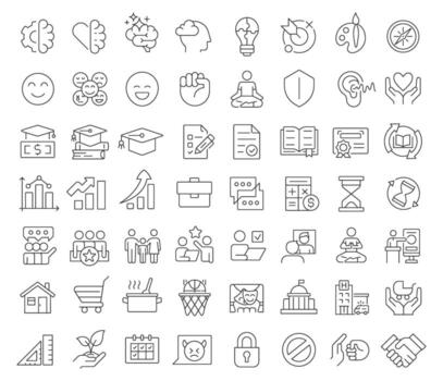 Life skills line icons set. Managing daily challenges effectively. Personal competencies. Self development. Isolated outline illustrations. Thin lineart iconset symbols. Editable stroke vector