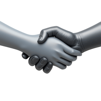 robotica e umano stretta di mano simboleggiante collaborazione e tecnologia integrazione. isolato su trasparente sfondo png