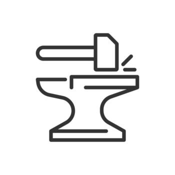 Forging line icon. Blacksmith anvil, hammer. Metal processing. Handwork, metallurgy. Equipment, instruments. Isolated illustration. Outline symbol. Simple linear drawing. Editable stroke vector