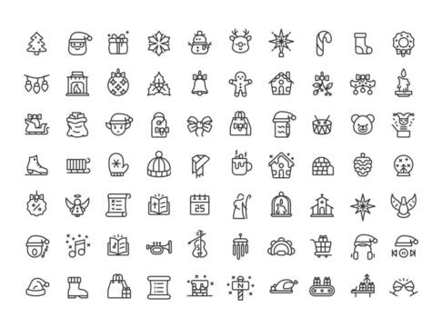 Christmas line ui icons set. Happy New Year. Traditional symbols of happy winter holiday. Xmas fun. Isolated outline symbols iconography. User interface elements linear, pixel perfect vector