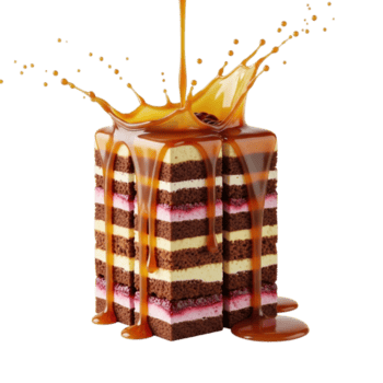 un' alto rettangolare cioccolato torta con crema e bacca strati, isolato su trasparente sfondo, con caramello salsa essere versato al di sopra di esso, la creazione di un' spruzzo png