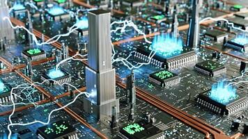 Macro View of Computer Microchips with Glowing Blue Energy and Tower Structures image photo video