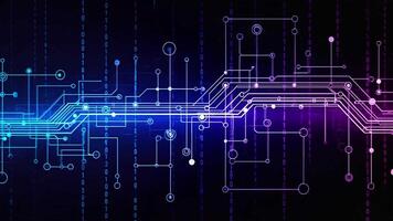digitale circuito tavola modello con binario codice e raggiante Linee nel blu e viola Immagine foto video