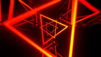röd och orange neon lysande abstrakt trogen triangel tunnel bakgrund vj slinga i 4k video